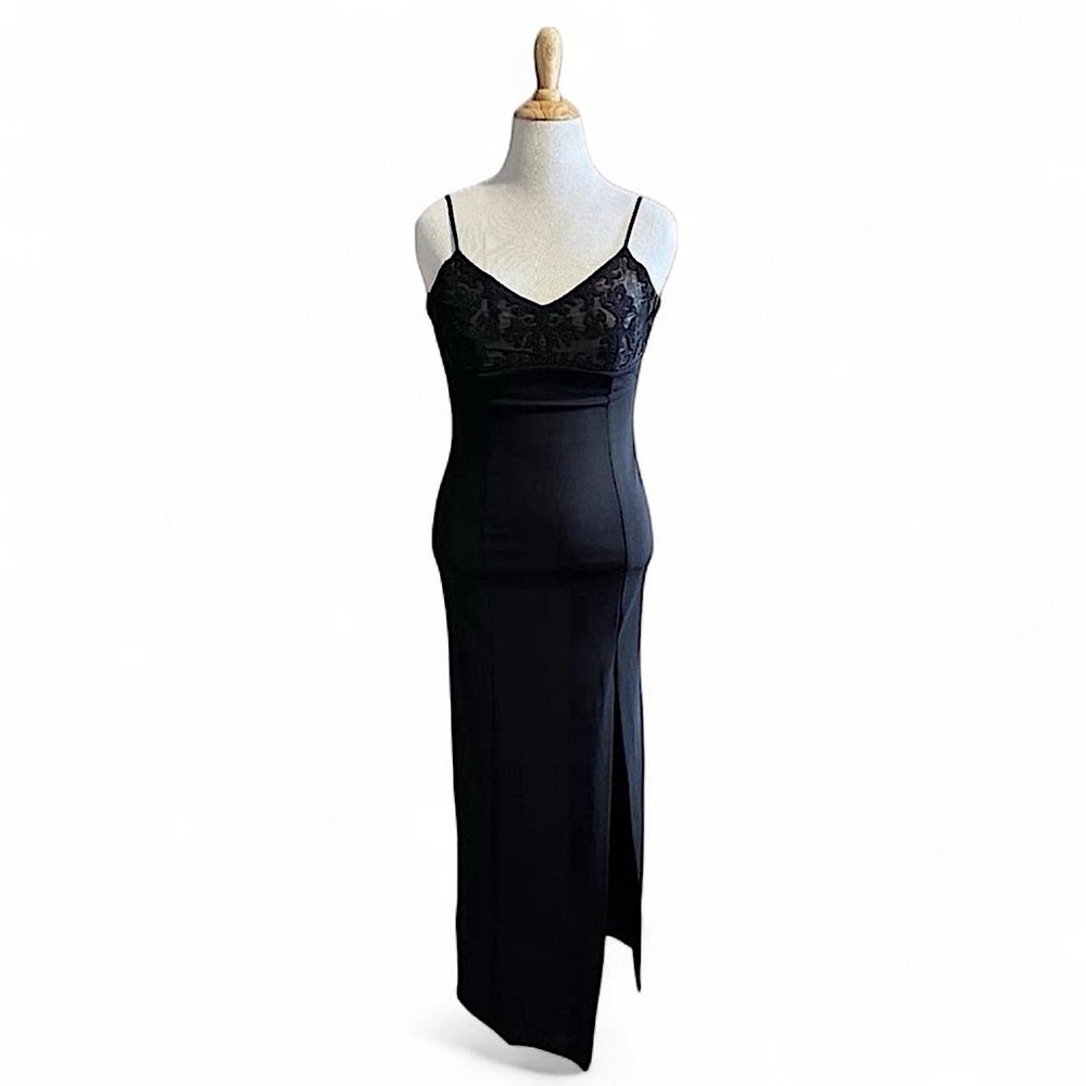 VTG Y2K Betsy & Adam Black Beaded Slip Gown Sz 10 Mesh Prom Evening Maxi Dress